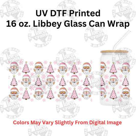 Pink Santa Peace  | UV Glass Can Wraps | 16 oz Libbey Glass Can